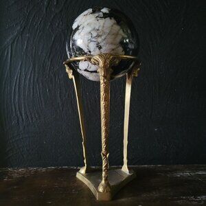 Vtg Brass Ram Head and Hoof Stand w/ Black & White Marble Sphere, Dark Academia